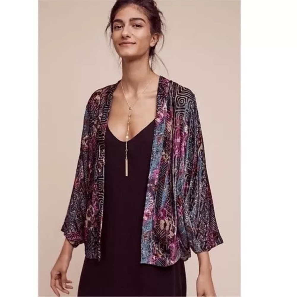 Anthropologie Elevenses Velvet Kimono Open Front Jacket